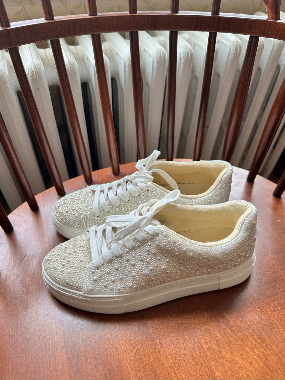 Betsey Johnson White Crystal-Embellished Lace-Up Sneakers - Picture 3 of 4